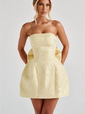 Strapless Pale Yellow Jacquard Mini Dress